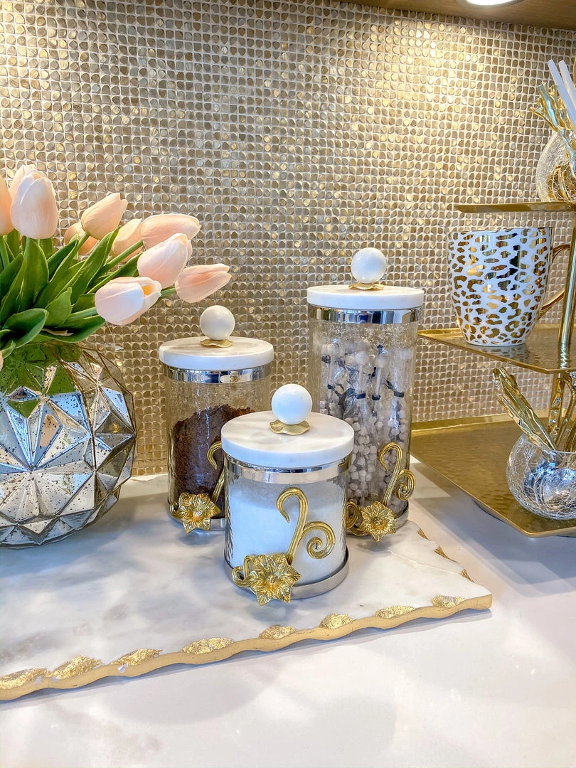 Inspire Me! Home Decor Gold Or Silver Metal Floral Glass Canisters With Marble Lid-With Metal Rim (3 Sizes) (2 Colors) 6 Inspire Me! Home Decor Gold Or Silver Metal Floral Glass Canisters With Marble Lid-With Metal Rim (3 Sizes) (2 Colors)