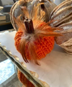 Inspire Me! Home Decor SEASONAL Orange Crochet Pumpkin With Feathers And Wood Stem