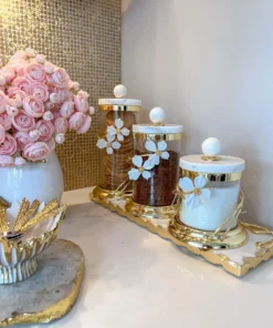 Inspire Me! Home Decor Hammered Glass Canister With White Jeweled Flower Details (3 Sizes) Gold