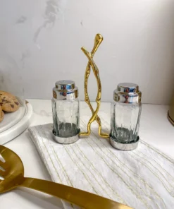 Inspire Me! Home Decor Glass Salt & Pepper Shakers W/ Gold Metal Branch Holder