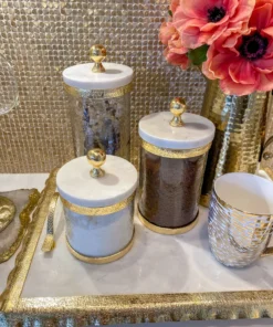 Inspire Me! Home Decor Gold Textured Rim Canisters W/ Marble Lid (3 Sizes) 14 Inspire Me! Home Decor Gold Textured Rim Canisters W/ Marble Lid (3 Sizes)