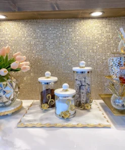 Inspire Me! Home Decor Gold Or Silver Metal Floral Glass Canisters With Marble Lid-With Metal Rim (3 Sizes) (2 Colors) 24 Inspire Me! Home Decor Gold Or Silver Metal Floral Glass Canisters With Marble Lid-With Metal Rim (3 Sizes) (2 Colors)