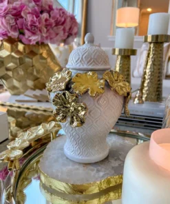 Inspire Me! Home Decor White Textured Ginger Jar With Gold Floral Design (3 Sizes)