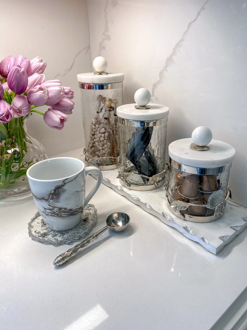 Inspire Me! Home Decor Gold Or Silver Metal Leaf Branch W/ Marble Ball Lid Canisters- With Metal Rim (3 Sizes & 2 Colors) 3 Inspire Me! Home Decor Gold Or Silver Metal Leaf Branch W/ Marble Ball Lid Canisters- With Metal Rim (3 Sizes & 2 Colors)