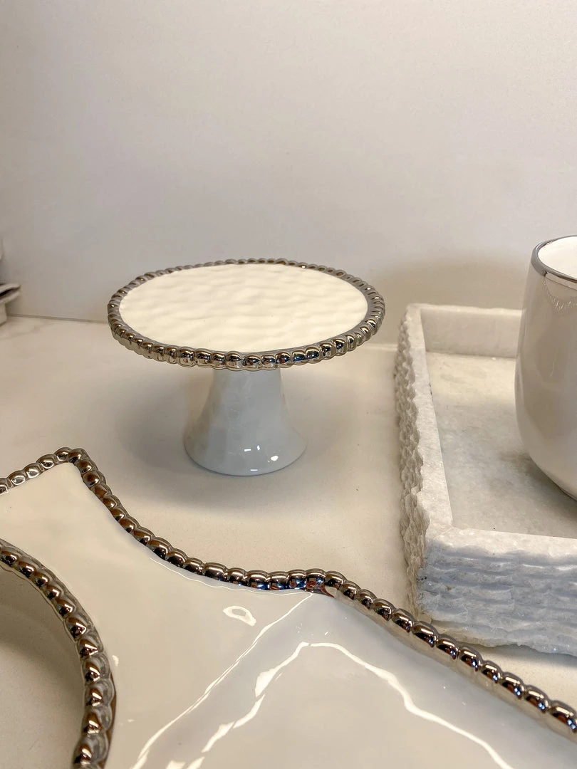 Inspire Me! Home Decor Silver And White Beaded Mini Cupcake Stand/Candle Holder 4 Inspire Me! Home Decor Silver And White Beaded Mini Cupcake Stand/Candle Holder