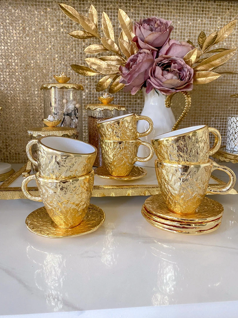 Inspire Me! Home Decor Gold Textured Metal Tea Cup And Saucer With White Interior 3 Inspire Me! Home Decor Gold Textured Metal Tea Cup And Saucer With White Interior