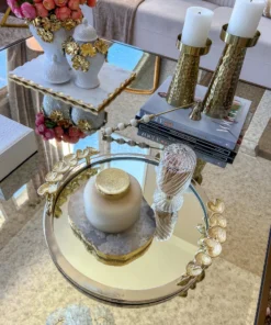 Inspire Me! Home Decor Large Round Decorative Mirror Tray With Gold Petal Handle Details