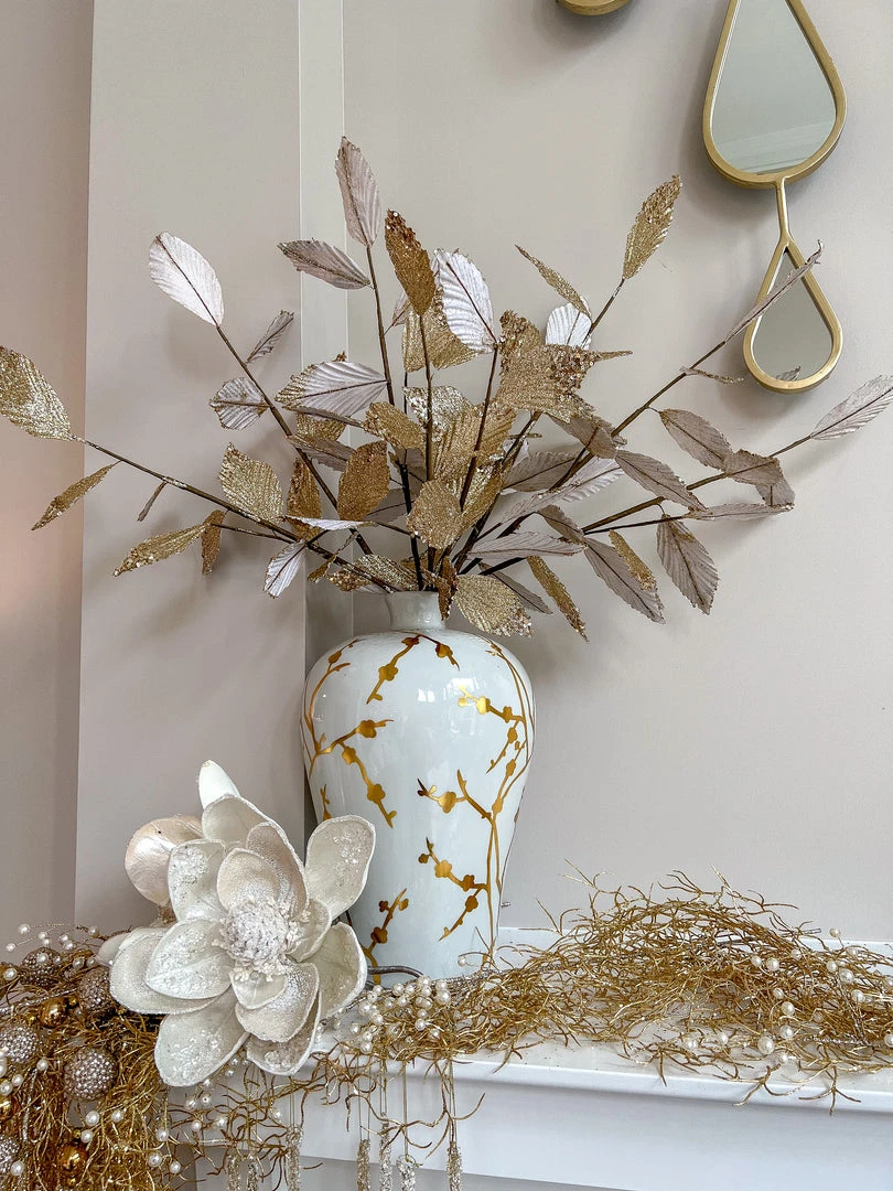 Inspire Me! Home Decor Floral Stems Gold And White Leaf Stem With Bead Detail 3 Inspire Me! Home Decor Floral Stems Gold And White Leaf Stem With Bead Detail