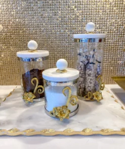 Inspire Me! Home Decor Gold Or Silver Metal Floral Glass Canisters With Marble Lid-With Metal Rim (3 Sizes) (2 Colors) 31 Inspire Me! Home Decor Gold Or Silver Metal Floral Glass Canisters With Marble Lid-With Metal Rim (3 Sizes) (2 Colors)