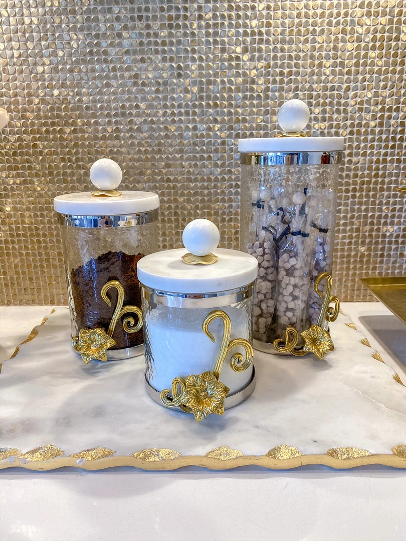 Inspire Me! Home Decor Gold Or Silver Metal Floral Glass Canisters With Marble Lid-With Metal Rim (3 Sizes) (2 Colors) 15 Inspire Me! Home Decor Gold Or Silver Metal Floral Glass Canisters With Marble Lid-With Metal Rim (3 Sizes) (2 Colors)