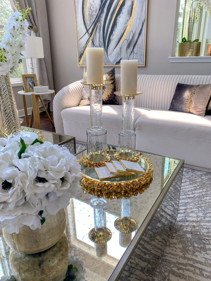 Inspire Me! Home Decor Glass Candle Holder With Gold Metal Floral Details (2 Sizes) 5 Inspire Me! Home Decor Glass Candle Holder With Gold Metal Floral Details (2 Sizes)