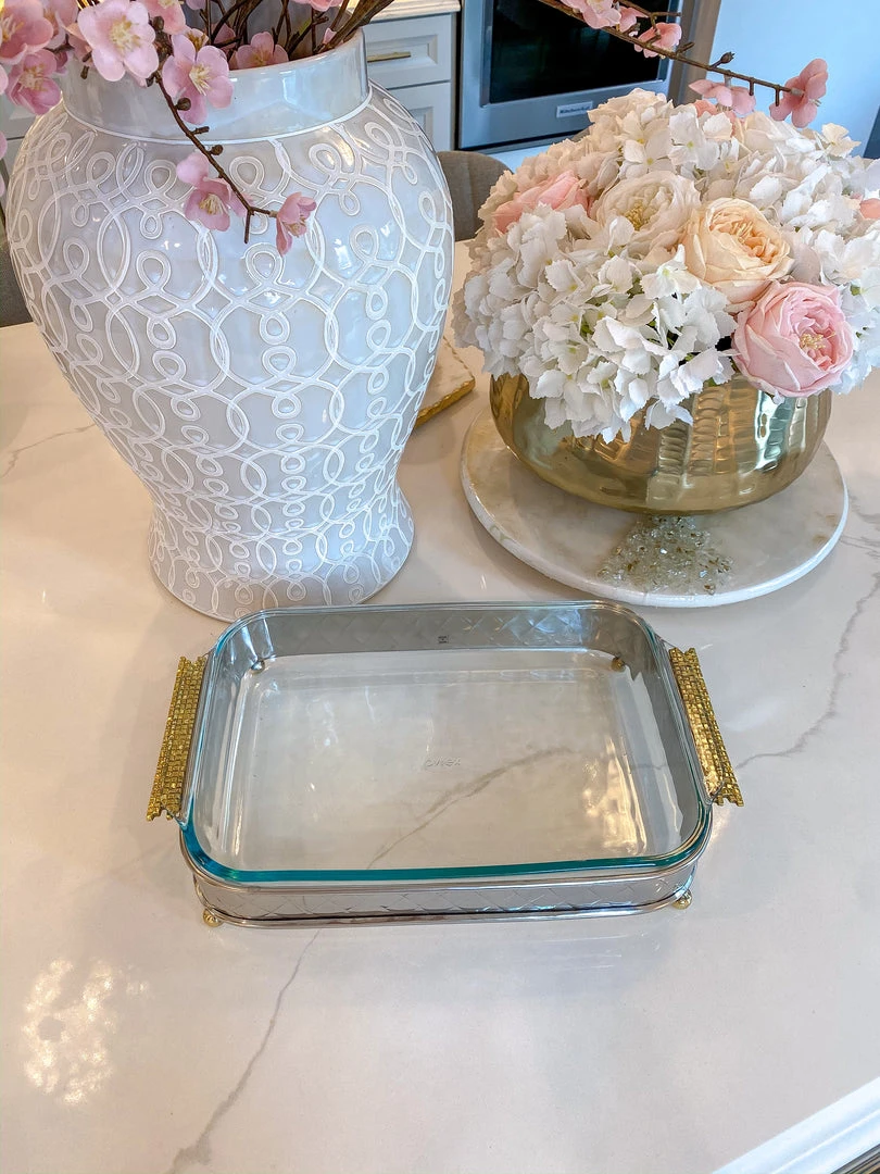 Inspire Me! Home Decor Silver Pyrex Holder With Gold Mosaic Handles And Pyrex 4 Inspire Me! Home Decor Silver Pyrex Holder With Gold Mosaic Handles And Pyrex