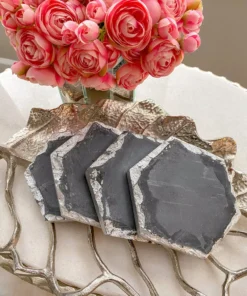 Inspire Me! Home Decor Charcoal Grey Marble Hexagon Coasters W/ Silver Edge