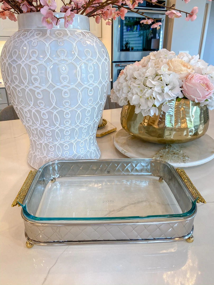 Inspire Me! Home Decor Silver Pyrex Holder With Gold Mosaic Handles And Pyrex 3 Inspire Me! Home Decor Silver Pyrex Holder With Gold Mosaic Handles And Pyrex