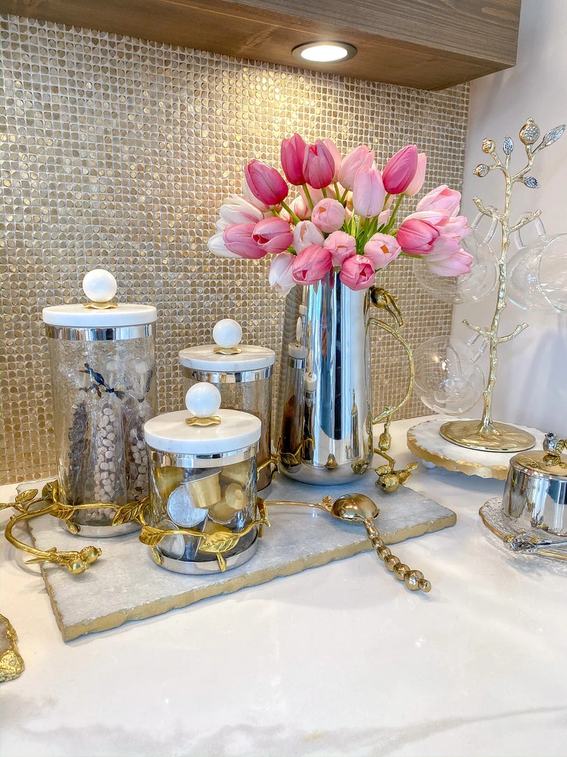 Inspire Me! Home Decor Gold Or Silver Metal Leaf Branch W/ Marble Ball Lid Canisters- With Metal Rim (3 Sizes & 2 Colors) 6 Inspire Me! Home Decor Gold Or Silver Metal Leaf Branch W/ Marble Ball Lid Canisters- With Metal Rim (3 Sizes & 2 Colors)