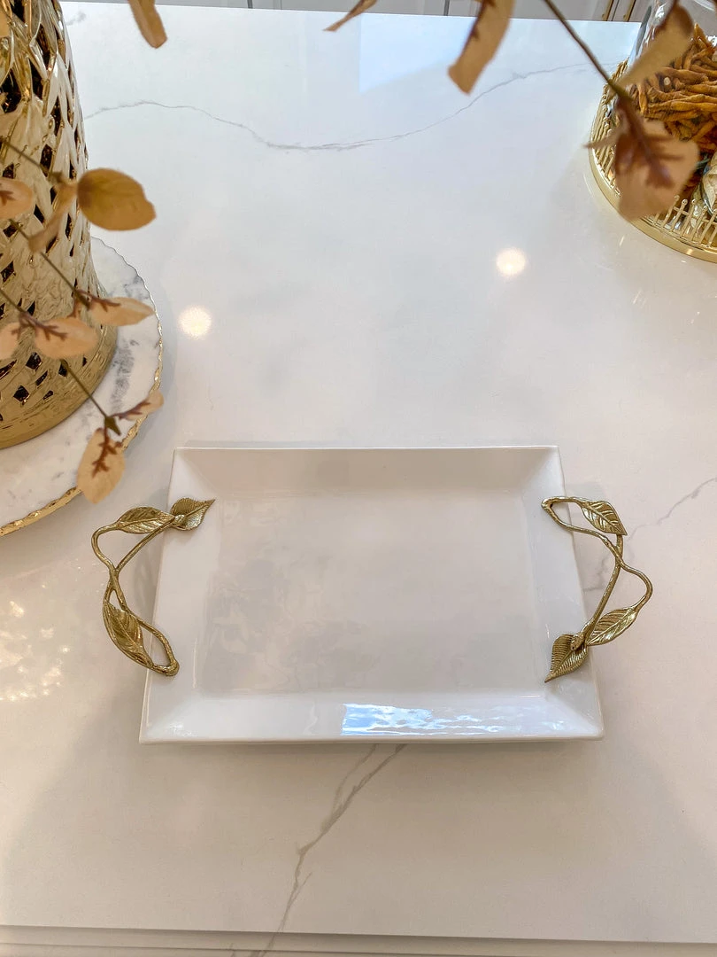 Inspire Me! Home Decor White Ceramic Tray With Gold Leaf Handles 3 Inspire Me! Home Decor White Ceramic Tray With Gold Leaf Handles