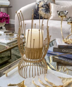 Inspire Me! Home Decor Gold Metal And Marble Hurricane Candle Holder