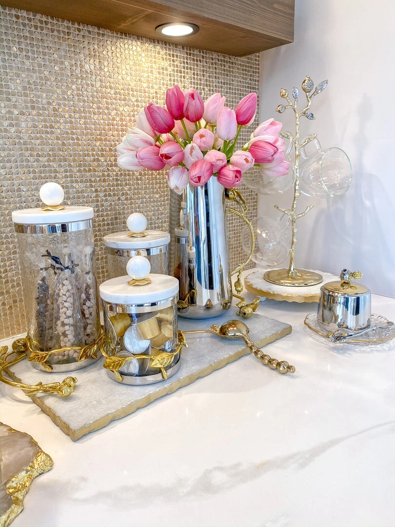 Inspire Me! Home Decor Gold Or Silver Metal Leaf Branch W/ Marble Ball Lid Canisters- With Metal Rim (3 Sizes & 2 Colors) 4 Inspire Me! Home Decor Gold Or Silver Metal Leaf Branch W/ Marble Ball Lid Canisters- With Metal Rim (3 Sizes & 2 Colors)