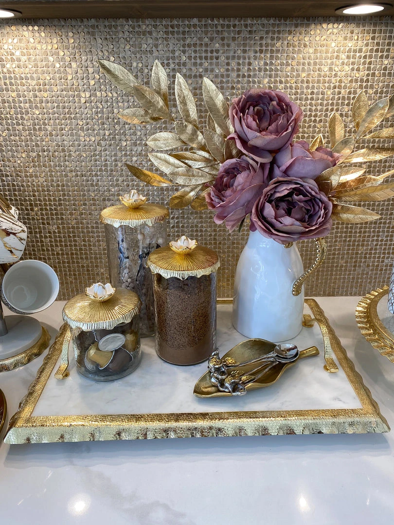 Inspire Me! Home Decor Glass Canister With Metal Floral Lid (3 Sizes) (2 Colors) 4 Inspire Me! Home Decor Glass Canister With Metal Floral Lid (3 Sizes) (2 Colors)