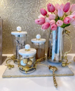 Inspire Me! Home Decor Gold Or Silver Metal Leaf Branch W/ Marble Ball Lid Canisters- With Metal Rim (3 Sizes & 2 Colors) 16 Inspire Me! Home Decor Gold Or Silver Metal Leaf Branch W/ Marble Ball Lid Canisters- With Metal Rim (3 Sizes & 2 Colors)