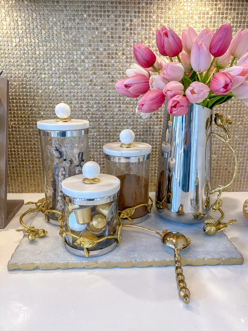 Inspire Me! Home Decor Gold Or Silver Metal Leaf Branch W/ Marble Ball Lid Canisters- With Metal Rim (3 Sizes & 2 Colors) 5 Inspire Me! Home Decor Gold Or Silver Metal Leaf Branch W/ Marble Ball Lid Canisters- With Metal Rim (3 Sizes & 2 Colors)