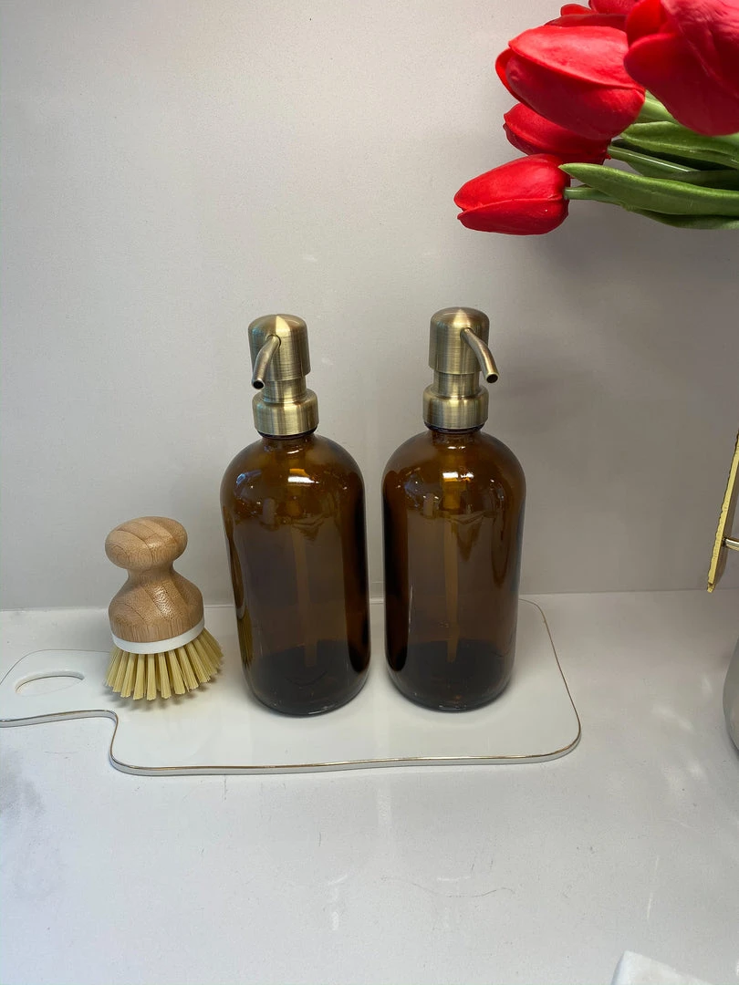 Inspire Me! Home Decor Amber Glass Soap Dispenser W/ Brass Finish Pump KITCHEN 4 Inspire Me! Home Decor Amber Glass Soap Dispenser W/ Brass Finish Pump KITCHEN