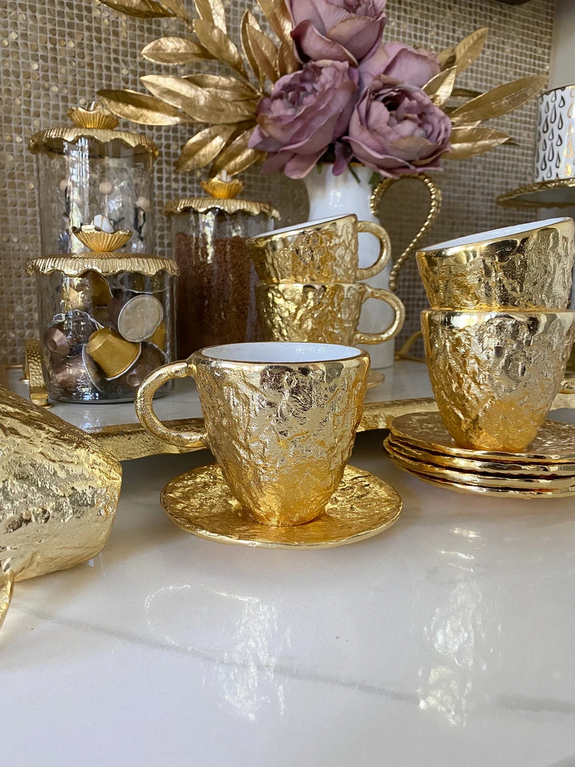 Inspire Me! Home Decor Gold Textured Metal Tea Cup And Saucer With White Interior 7 Inspire Me! Home Decor Gold Textured Metal Tea Cup And Saucer With White Interior