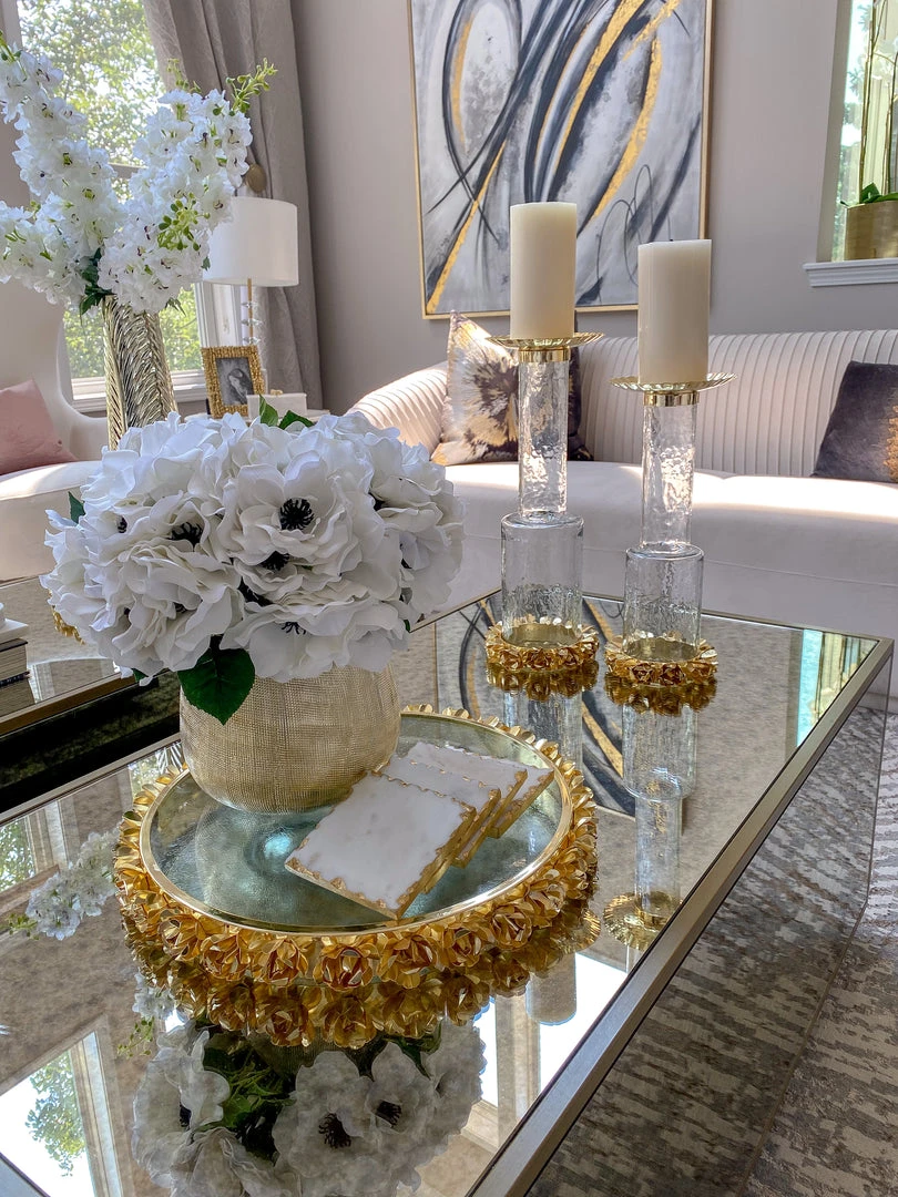 Inspire Me! Home Decor Glass Candle Holder With Gold Metal Floral Details (2 Sizes) 12 Inspire Me! Home Decor Glass Candle Holder With Gold Metal Floral Details (2 Sizes)