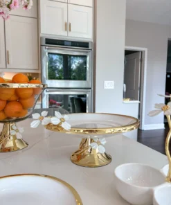 Inspire Me! Home Decor Gold And White Cake Stand With White Jeweled Flower Details