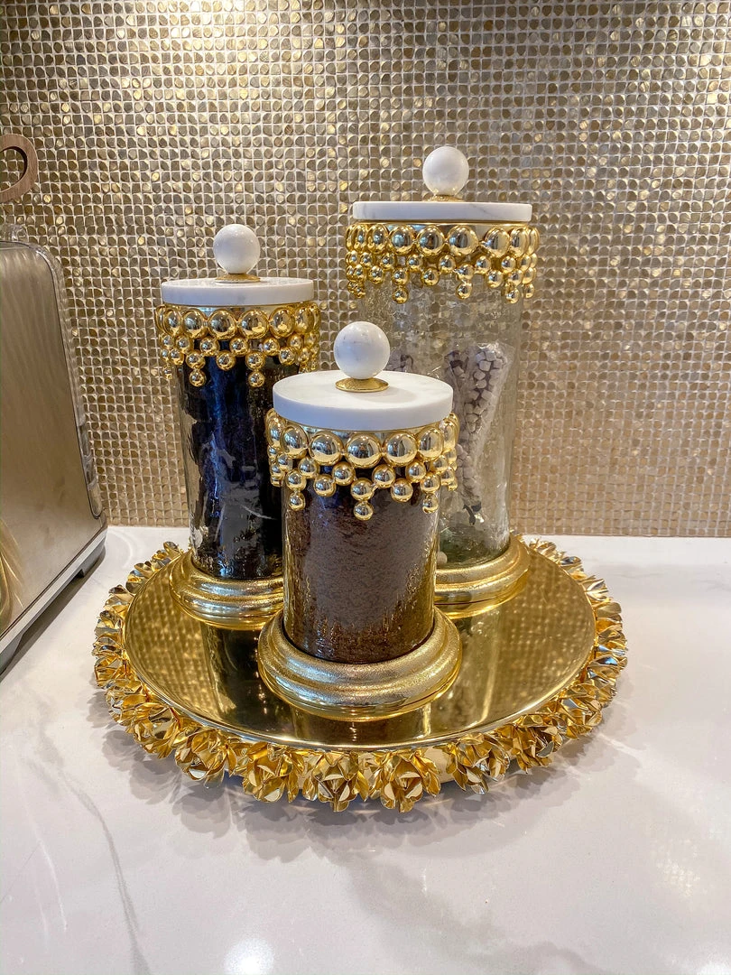 Inspire Me! Home Decor Gold Beaded Canisters W/ Marble Lid (3 Sizes) 3 Inspire Me! Home Decor Gold Beaded Canisters W/ Marble Lid (3 Sizes)