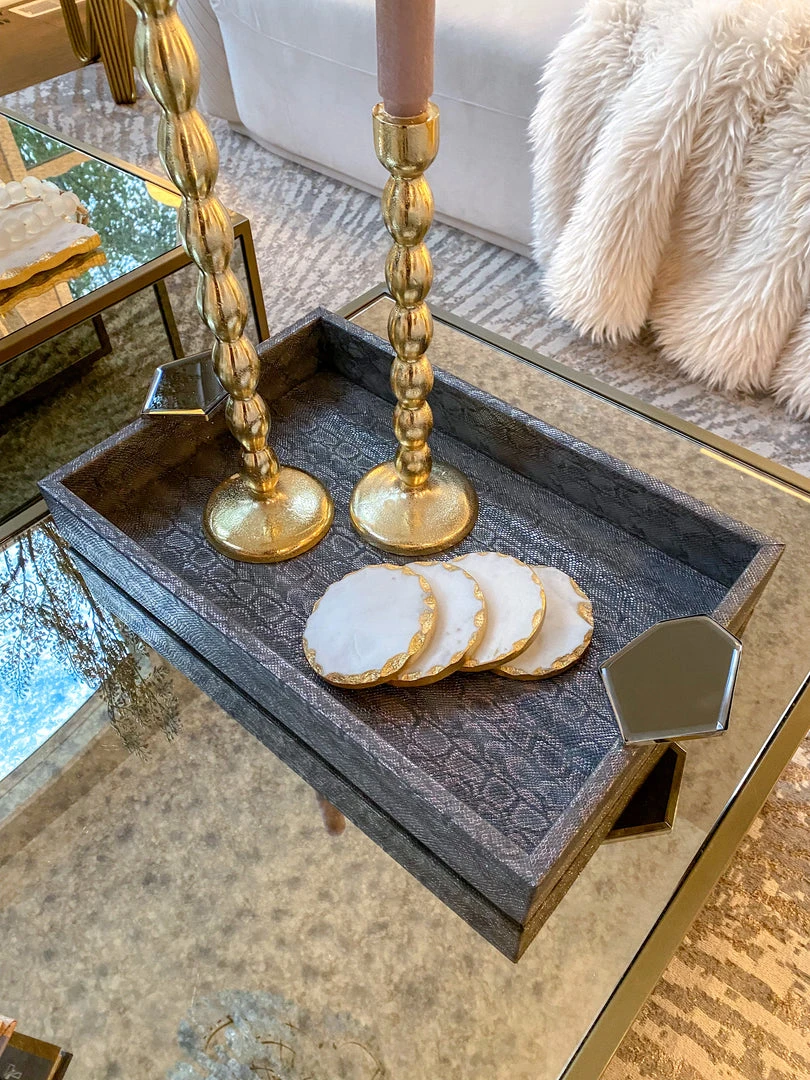 Inspire Me! Home Decor Grey Faux Leather Tray With Abstract Handles (2 Sizes) 4 Inspire Me! Home Decor Grey Faux Leather Tray With Abstract Handles (2 Sizes)