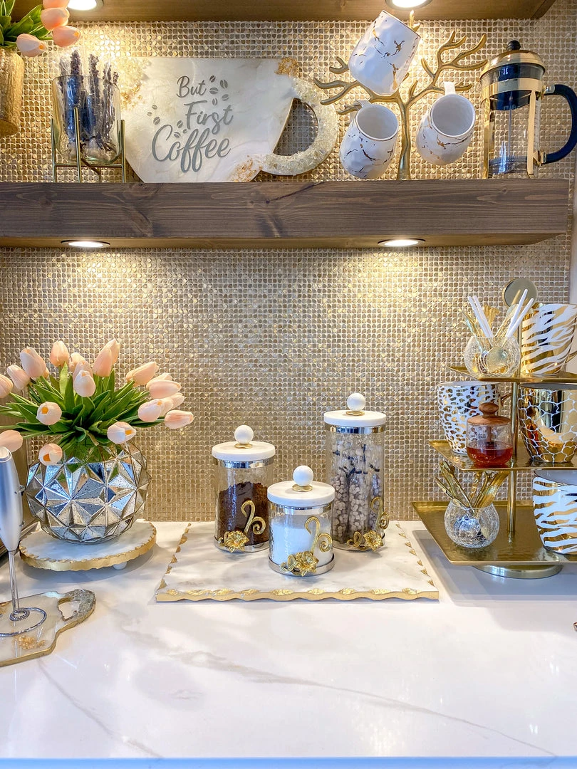 Inspire Me! Home Decor Gold Or Silver Metal Floral Glass Canisters With Marble Lid-With Metal Rim (3 Sizes) (2 Colors) 14 Inspire Me! Home Decor Gold Or Silver Metal Floral Glass Canisters With Marble Lid-With Metal Rim (3 Sizes) (2 Colors)