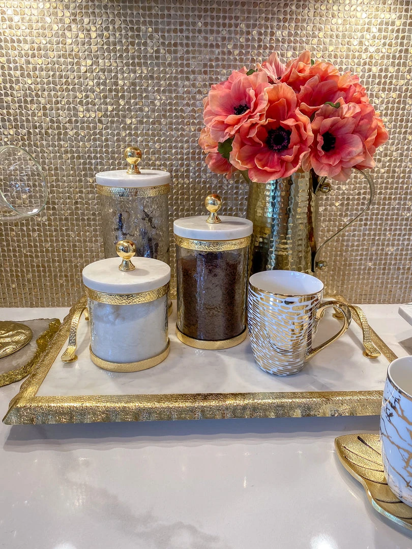 Inspire Me! Home Decor Gold Textured Rim Canisters W/ Marble Lid (3 Sizes) 3 Inspire Me! Home Decor Gold Textured Rim Canisters W/ Marble Lid (3 Sizes)