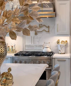 Inspire Me! Home Decor White Ceramic Utensil Holder With Gold Leaf Details & Base