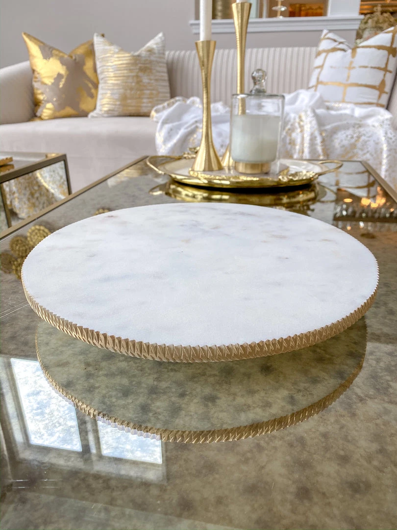 Inspire Me! Home Decor White Marble Round Lazy Susan W/ Gold Textured Edge 3 Inspire Me! Home Decor White Marble Round Lazy Susan W/ Gold Textured Edge