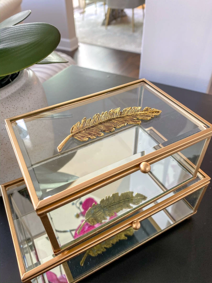 Inspire Me! Home Decor Rectangle Glass & Mirror Box With Gold Feather Detail (2 Sizes) 4 Inspire Me! Home Decor Rectangle Glass & Mirror Box With Gold Feather Detail (2 Sizes)