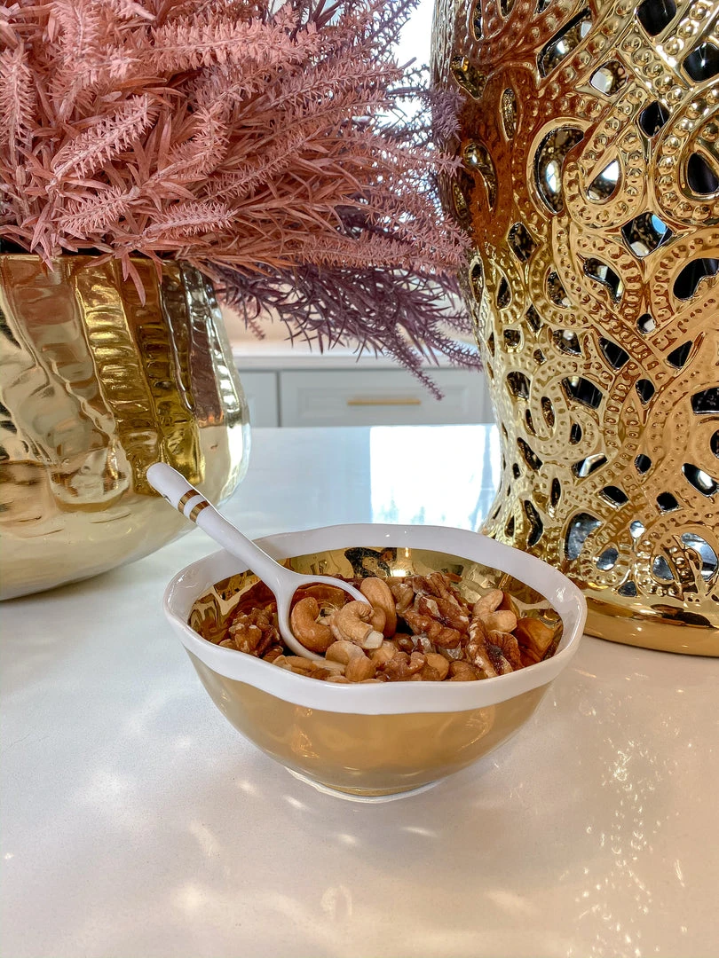 Inspire Me! Home Decor Gold And White Snack Bowl And Spoon Set 3 Inspire Me! Home Decor Gold And White Snack Bowl And Spoon Set