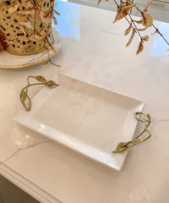 Inspire Me! Home Decor White Ceramic Tray With Gold Leaf Handles 8 Inspire Me! Home Decor White Ceramic Tray With Gold Leaf Handles