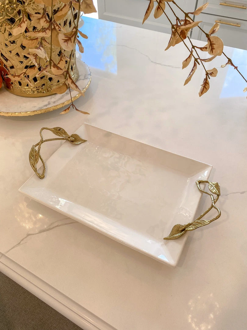 Inspire Me! Home Decor White Ceramic Tray With Gold Leaf Handles 5 Inspire Me! Home Decor White Ceramic Tray With Gold Leaf Handles