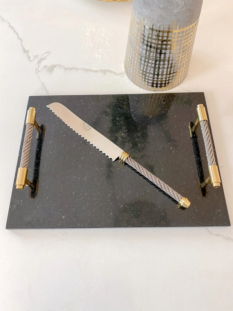Inspire Me! Home Decor Black Marble Tray W/ Coil Handles And Knife 5 Inspire Me! Home Decor Black Marble Tray W/ Coil Handles And Knife