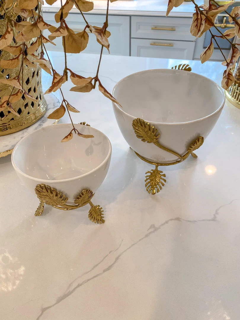 Inspire Me! Home Decor White Ceramic Bowl With Gold Leaf Details (2 Sizes) 5 Inspire Me! Home Decor White Ceramic Bowl With Gold Leaf Details (2 Sizes)