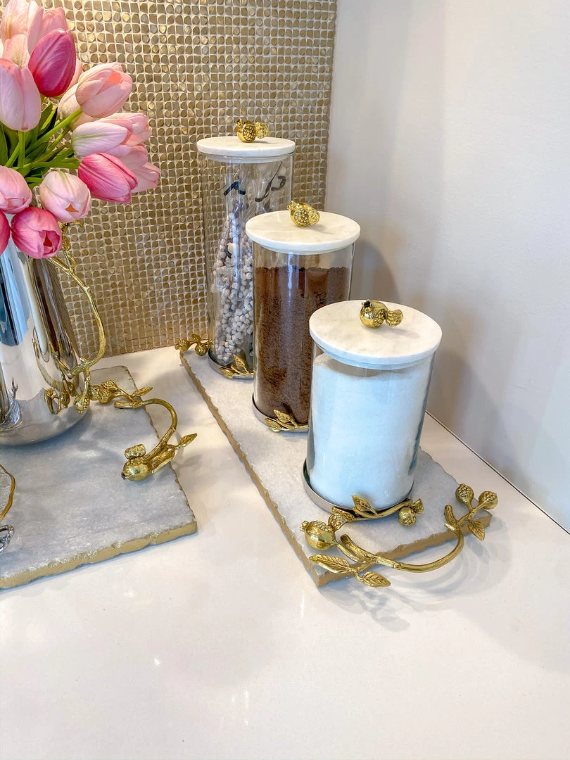 Inspire Me! Home Decor Glass Pomegranate Canisters W/ Marble Lid (3 Sizes) 4 Inspire Me! Home Decor Glass Pomegranate Canisters W/ Marble Lid (3 Sizes)