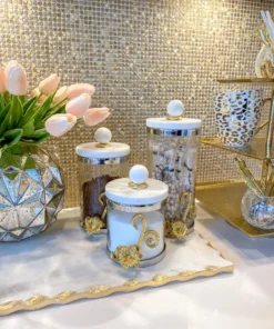 Inspire Me! Home Decor Gold Or Silver Metal Floral Glass Canisters With Marble Lid-With Metal Rim (3 Sizes) (2 Colors)