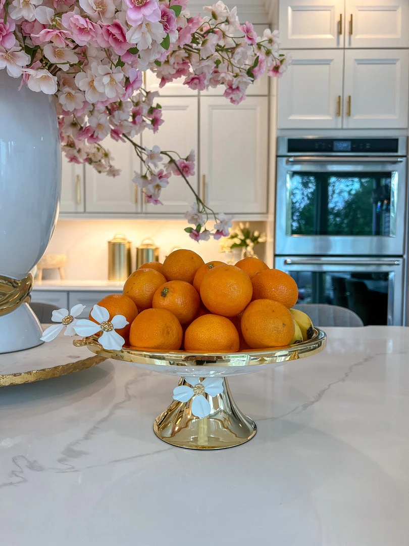 Inspire Me! Home Decor Gold And White Cake Stand With White Jeweled Flower Details 4 Inspire Me! Home Decor Gold And White Cake Stand With White Jeweled Flower Details