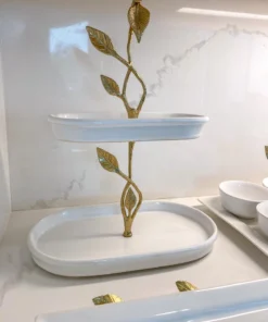 Inspire Me! Home Decor White Ceramic Two Tier Cake Stand With Gold Leaf Details