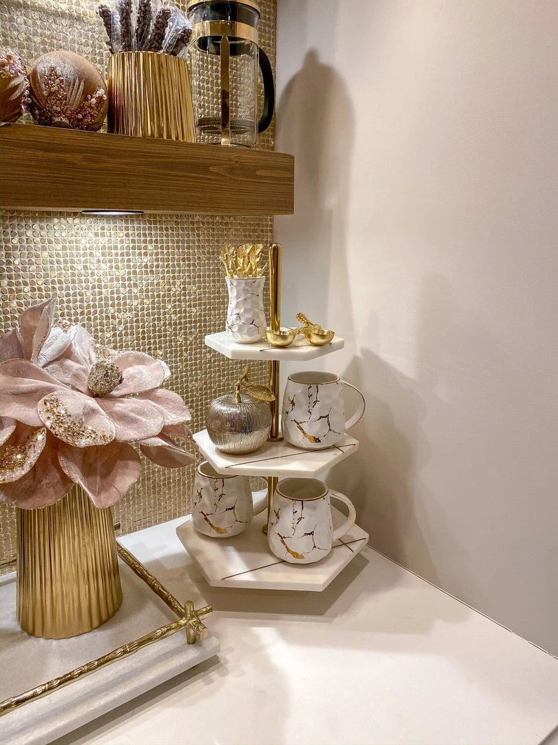 Inspire Me! Home Decor Three Tiered Marble Stand With Gold Inlay 6 Inspire Me! Home Decor Three Tiered Marble Stand With Gold Inlay